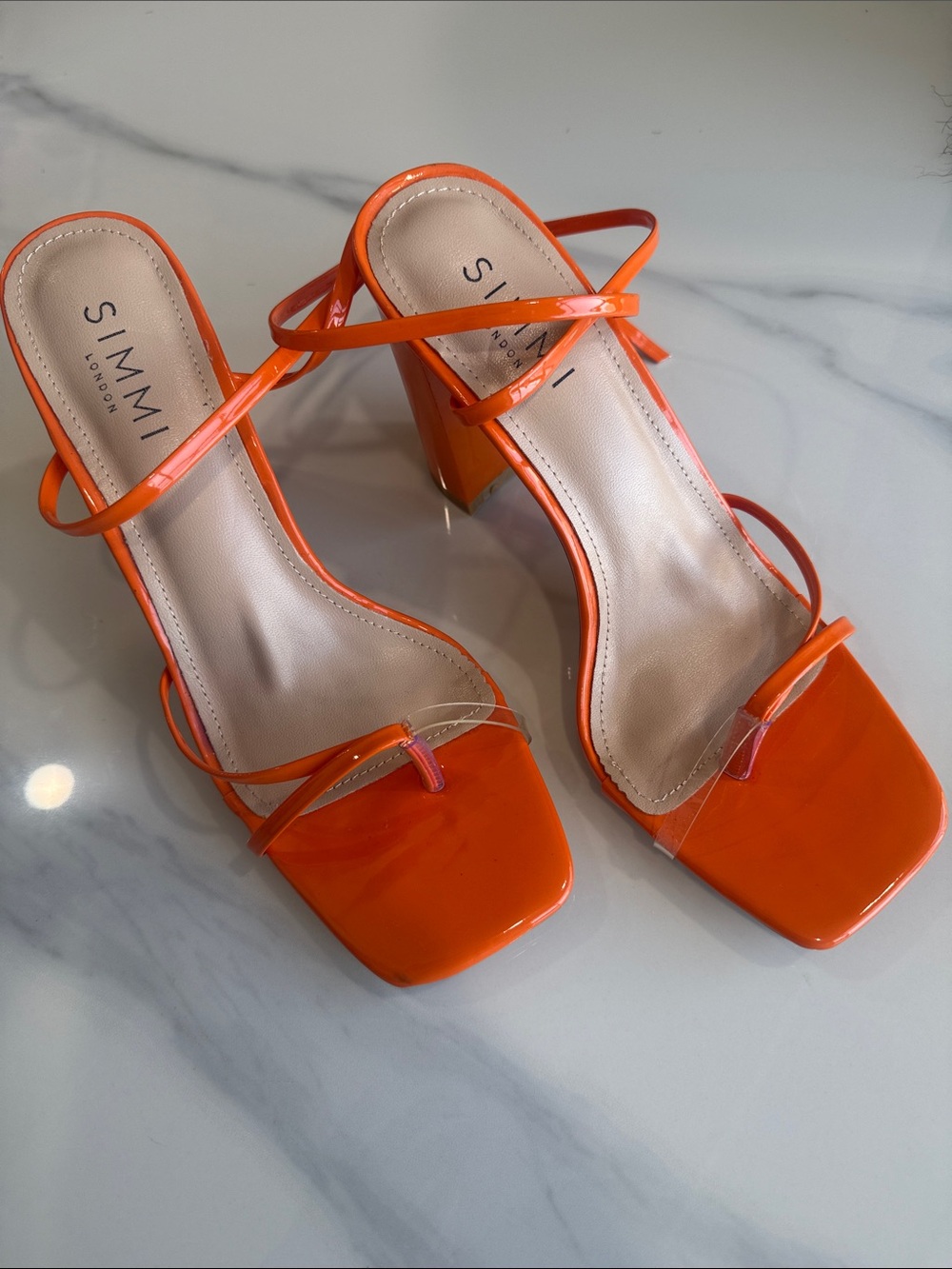 Simmi London Orange Patent Strappy Block Heel Mules Never Worn